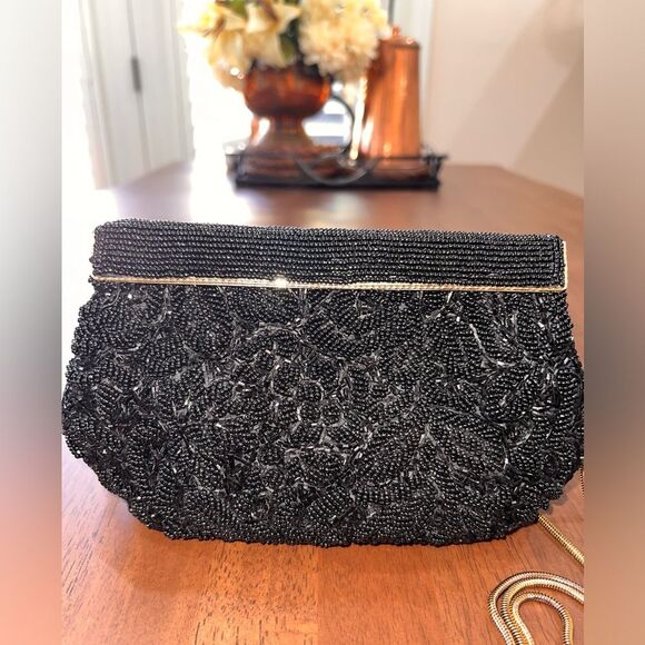 Beaded Black Shell Evening Bag Gold Chain Vintage Formal Clutch Purse 8.5x6 - Picture 4 of 9